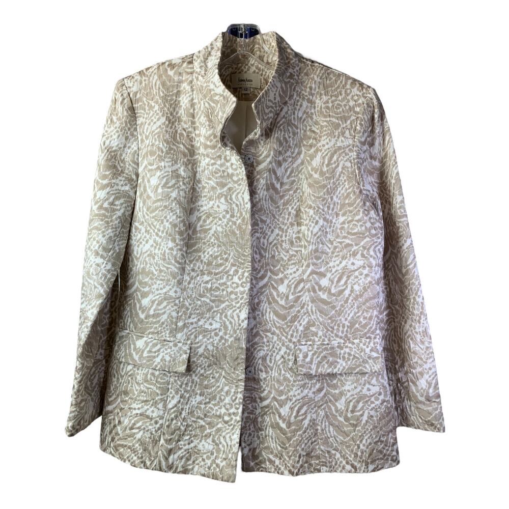 Neiman Marcus Blazer Womens 12 Cream Cotton Silk Animal Print Brocade Jacket